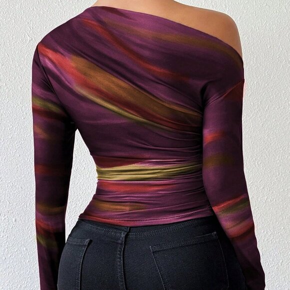 Casual Women's Marble Ombre Print Asymmetric Neck Fitted top - Picture 3 of 6